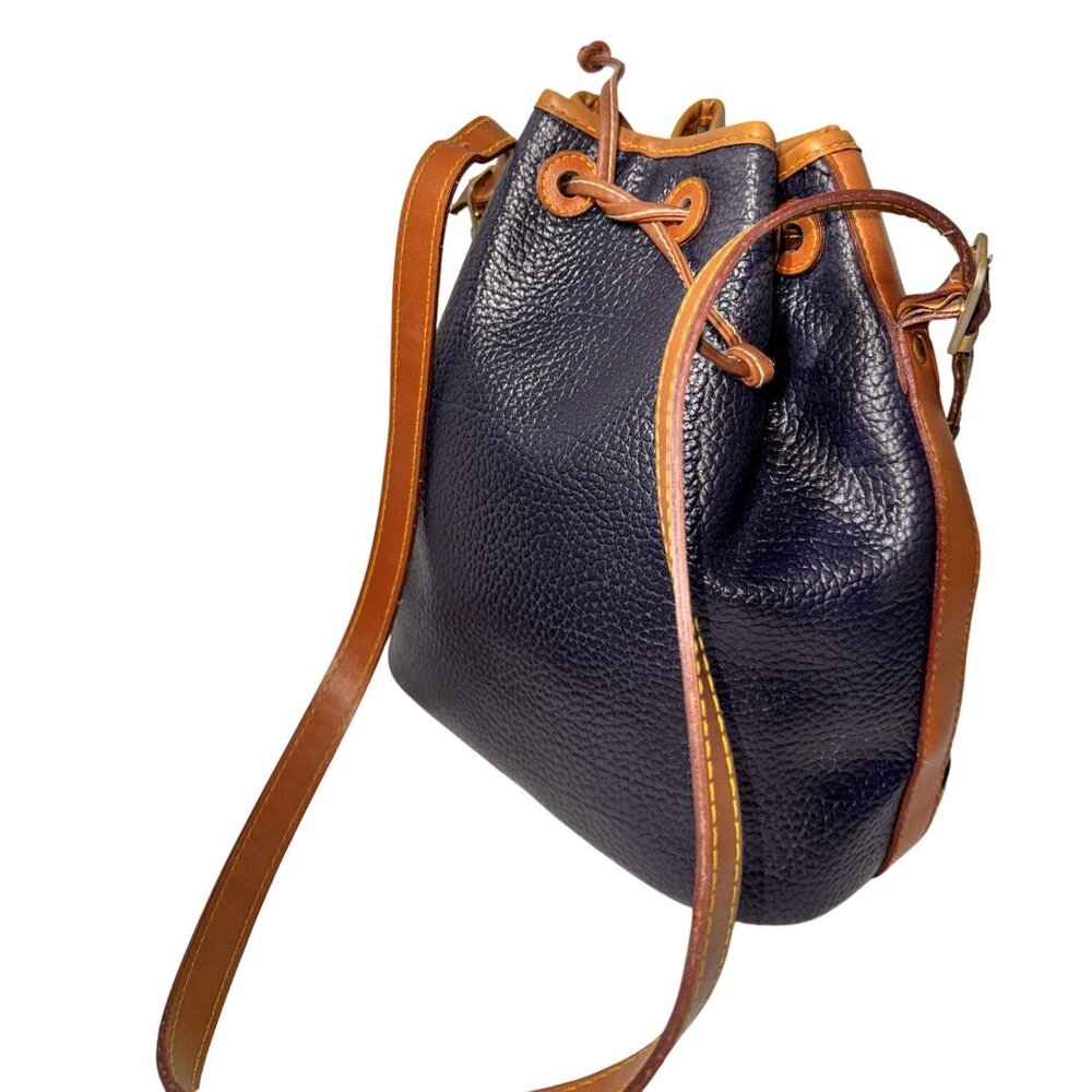Dooney Bourke Drawstring Bucket Bag Pebbled Leather Navy blue Brown Medium - Picture 5 of 9